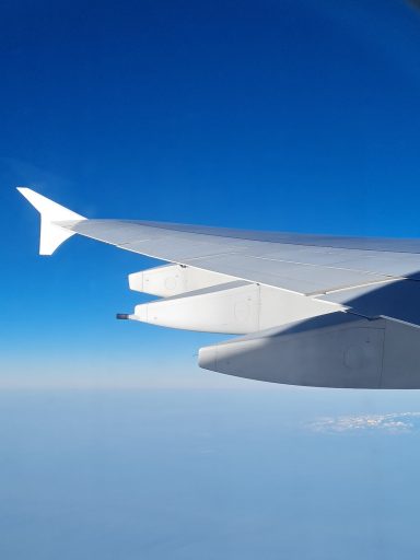 Flugzeugflügel vor blauem Himmel